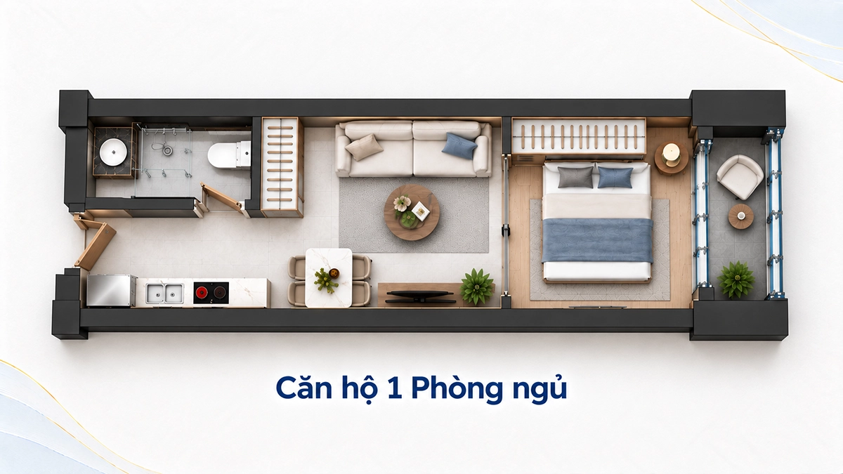 Thiết kế mặt bằng căn hộ 1 phòng ngủ The Icon Mặt bằng 3D căn hộ 1 phòng ngủ The Icon