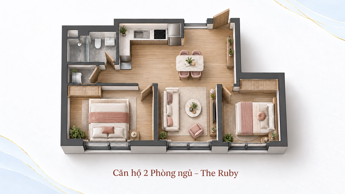 Thiết kế căn hộ 2 phòng ngủ The Ruby – The Icon Mặt bằng 3D căn hộ 2 phòng ngủ The Ruby tại The Icon