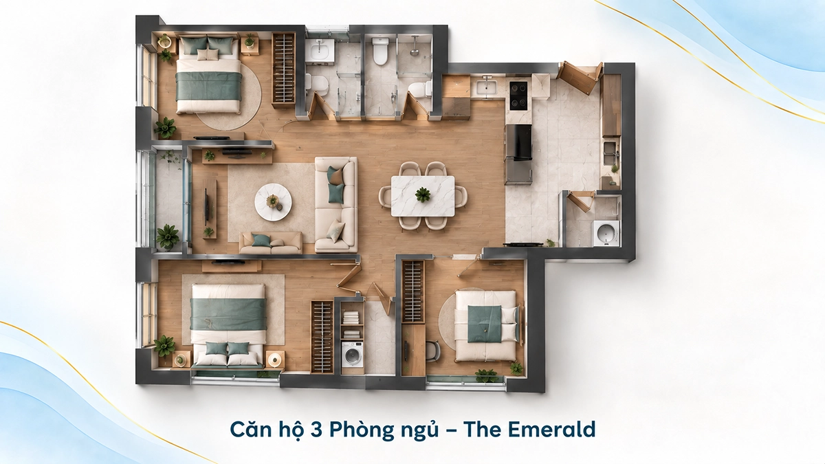 Thiết kế căn hộ 3 phòng ngủ The Emerald – The Icon Mặt bằng 3D căn hộ 3 phòng ngủ The Emerald tại The Icon