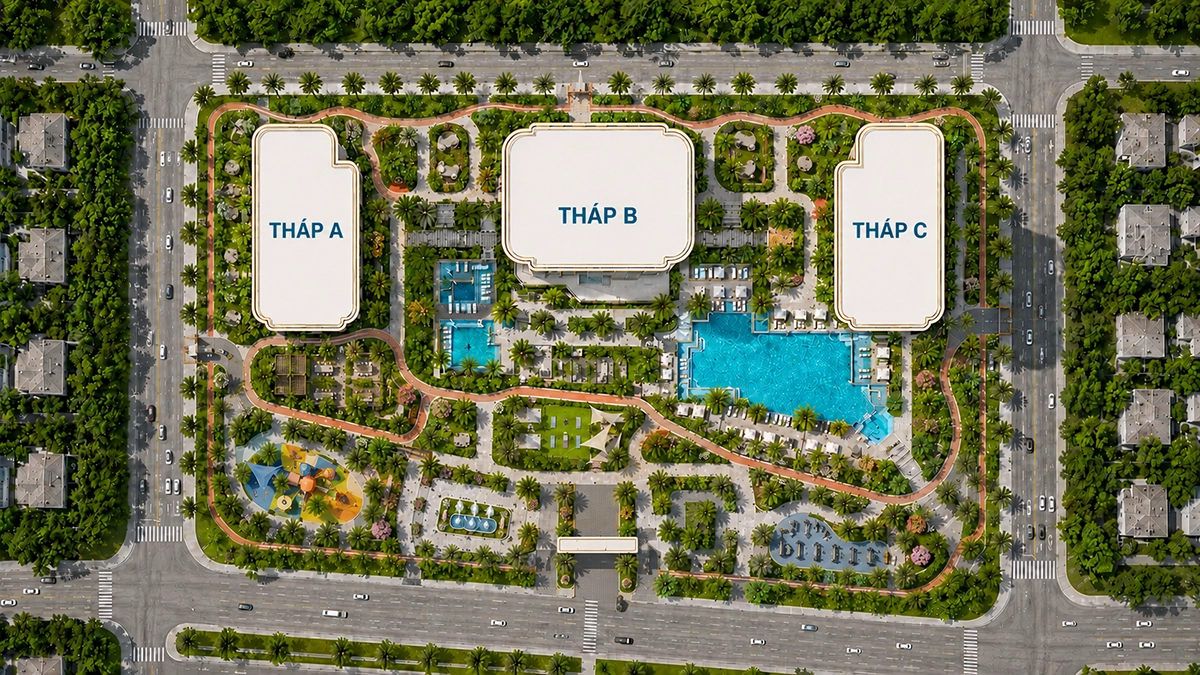 Mặt bằng tổng thể The Icon C-Holdings Mặt bằng tổng thể minh họa The Icon C-Holdings với Tháp A, Tháp B, Tháp C, hồ bơi, tiện ích ngoài trời và các cổng vào dự án